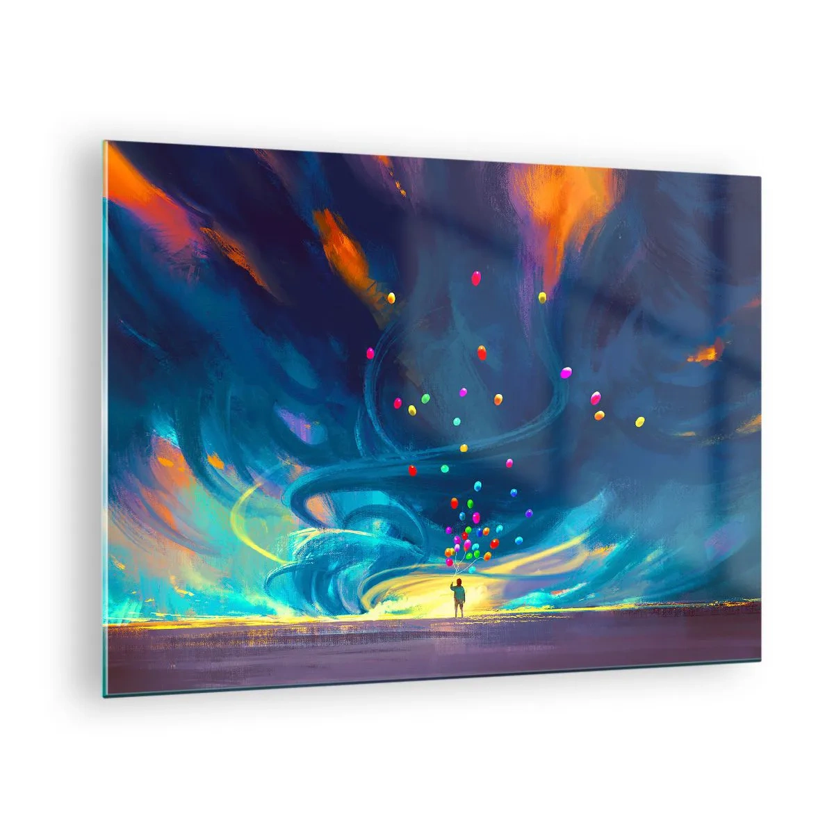 Glastavla - Bild på glas - En person som håller färgglada ballonger mot en blå vindbakgrund. - 70x50cm - Blå vind - Modern väggdekoration för vardagsrum och sovrum ARTTOR