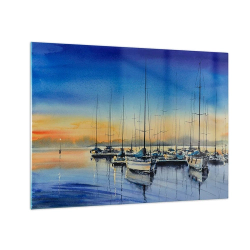 Glastavla - Bild på glas - Segelbåtar i hamnen vid solnedgången - 70x50cm - Slutet på en bra dag - Modern väggdekoration för vardagsrum och sovrum ARTTOR