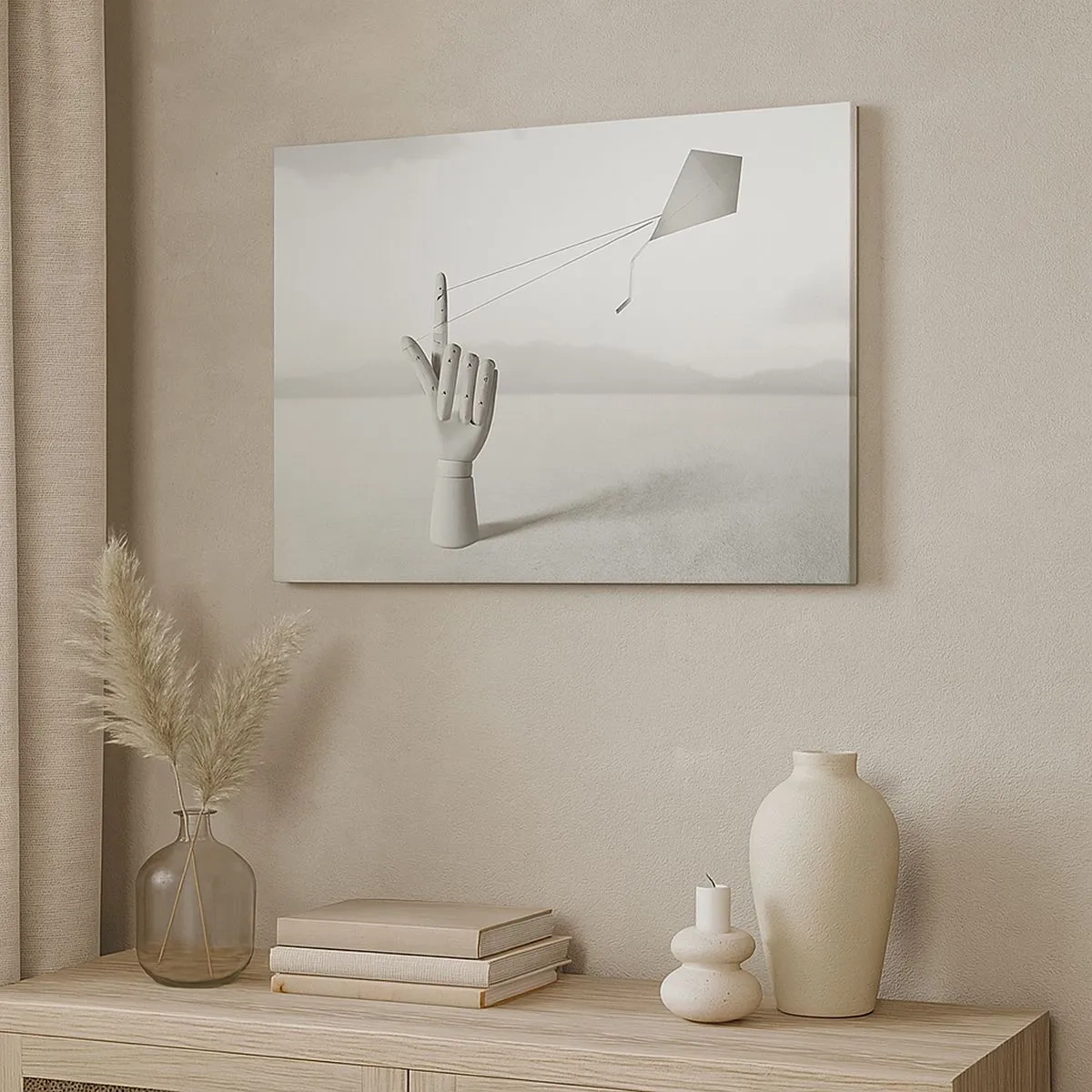 Canvastavla - Bild på duk - En minimalistisk trähand med en drake mot en landskapsbakgrund. - 70x50cm - Test av styrka - Modern väggdekoration för vardagsrum och sovrum ARTTOR