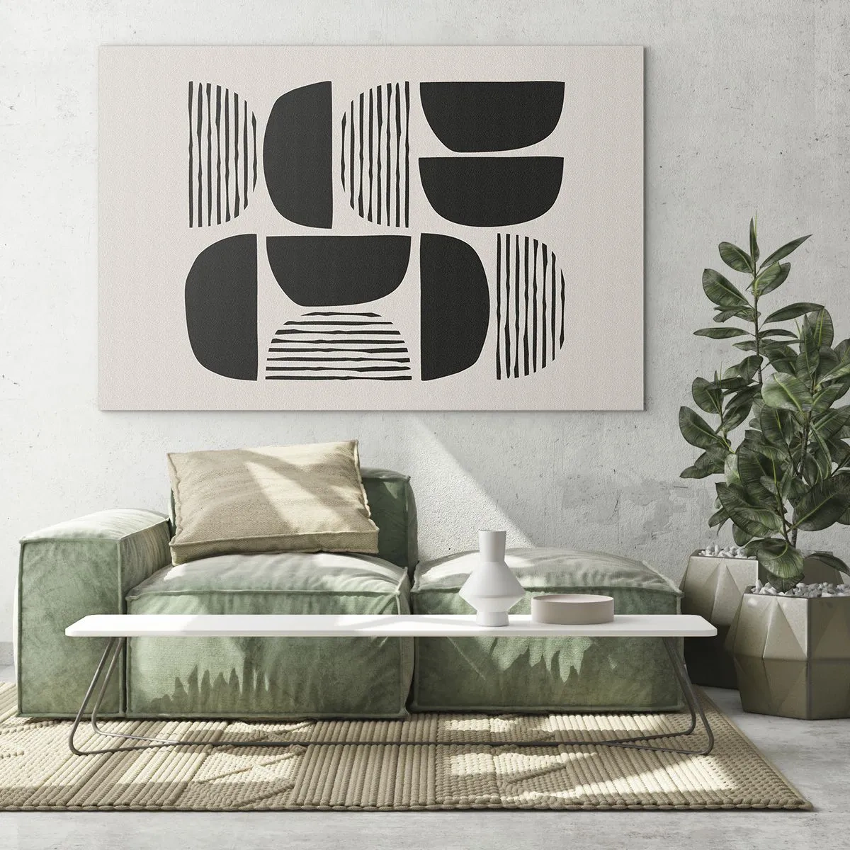 Glastavla - Bild på glas - Abstrakt komposition av geometriska former med linjer - 70x50cm - Arrangemang med halvor - Modern väggdekoration för vardagsrum och sovrum ARTTOR