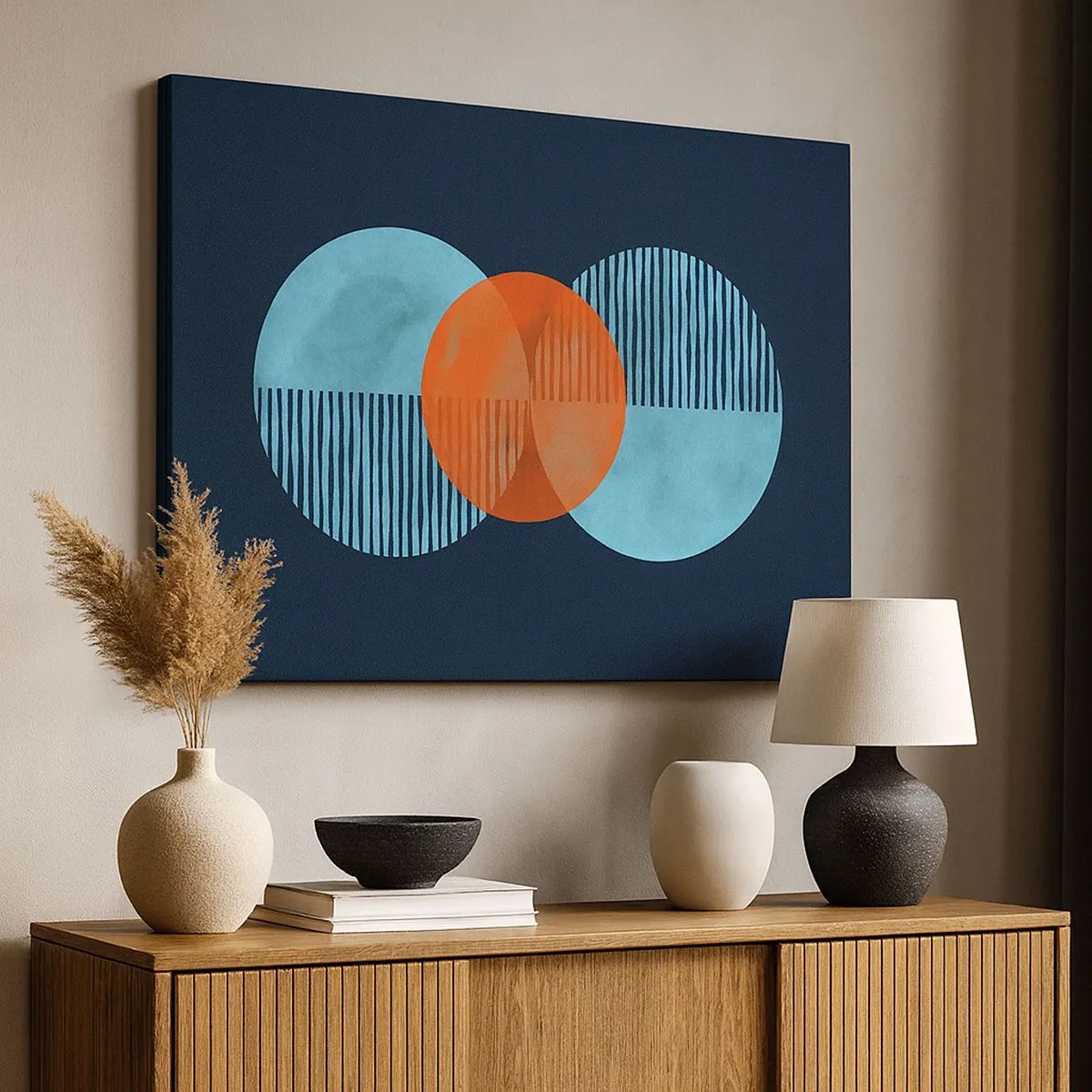 Canvastavla - Bild på duk - Geometriska cirklar i nyanser av blått och orange - 70x50cm - Symmetrisk komposition - Modern väggdekoration för vardagsrum och sovrum ARTTOR