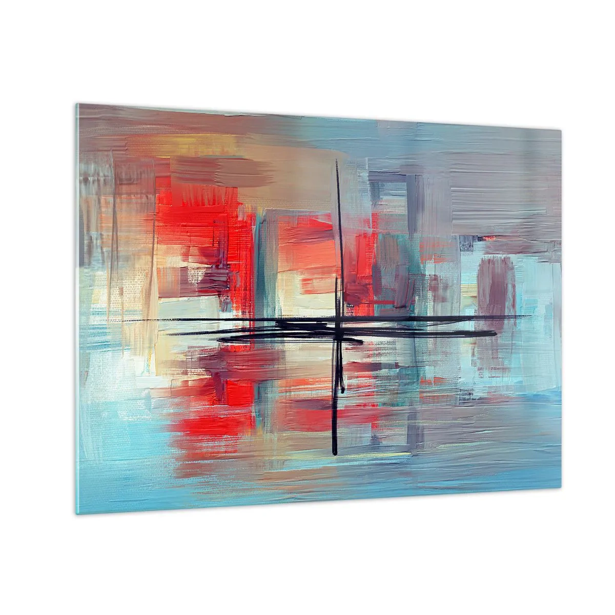 Glastavla - Bild på glas - En färgglad abstraktion med rött och blått, inspirerad av ett landskap. - 70x50cm - Landskap i en okänd dimension - Modern väggdekoration för vardagsrum och sovrum ARTTOR