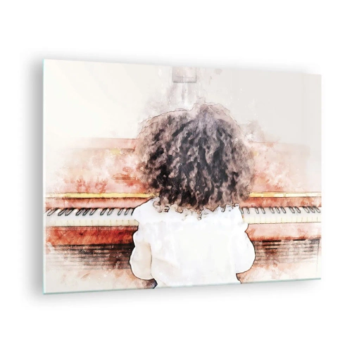 Glastavla - Bild på glas - Ett barn med lockigt hår som spelar piano - 70x50cm - I en ny värld - Modern väggdekoration för vardagsrum och sovrum ARTTOR
