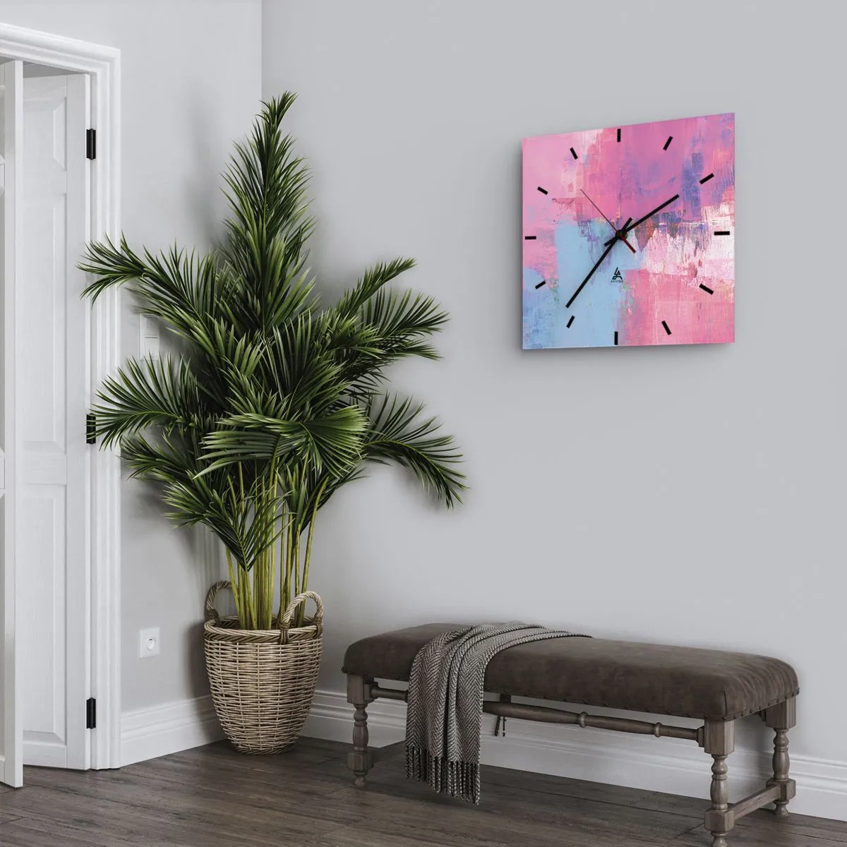 Väggklocka - Klocka på glas - Rosa, blått och en gnutta ljus - 30x30 cm