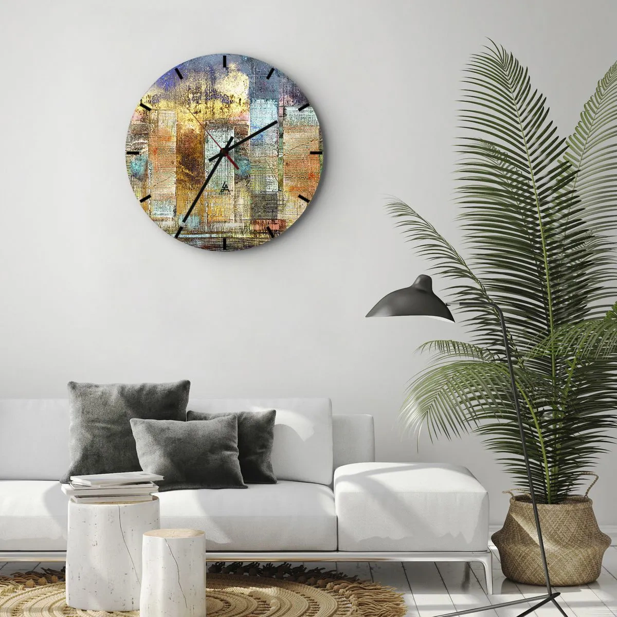 Väggklocka - Klocka på glas - Färgglad abstraktion inspirerad av stadens silhuett - 30x30cm - Solig metropol - Modern väggdekoration för vardagsrum, kök och sovrum ARTTOR