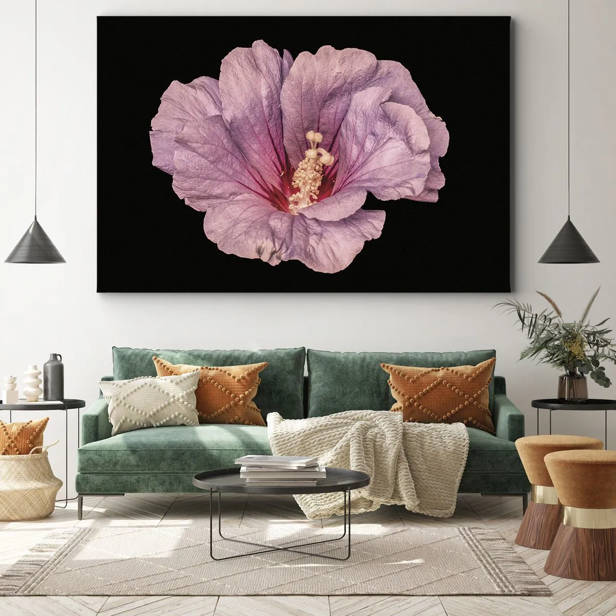 Canvastavla - Bild på duk - Rosa blomma på svart bakgrund - 70x50cm - Rakt till hjärtat - Modern väggdekoration för vardagsrum och sovrum ARTTOR