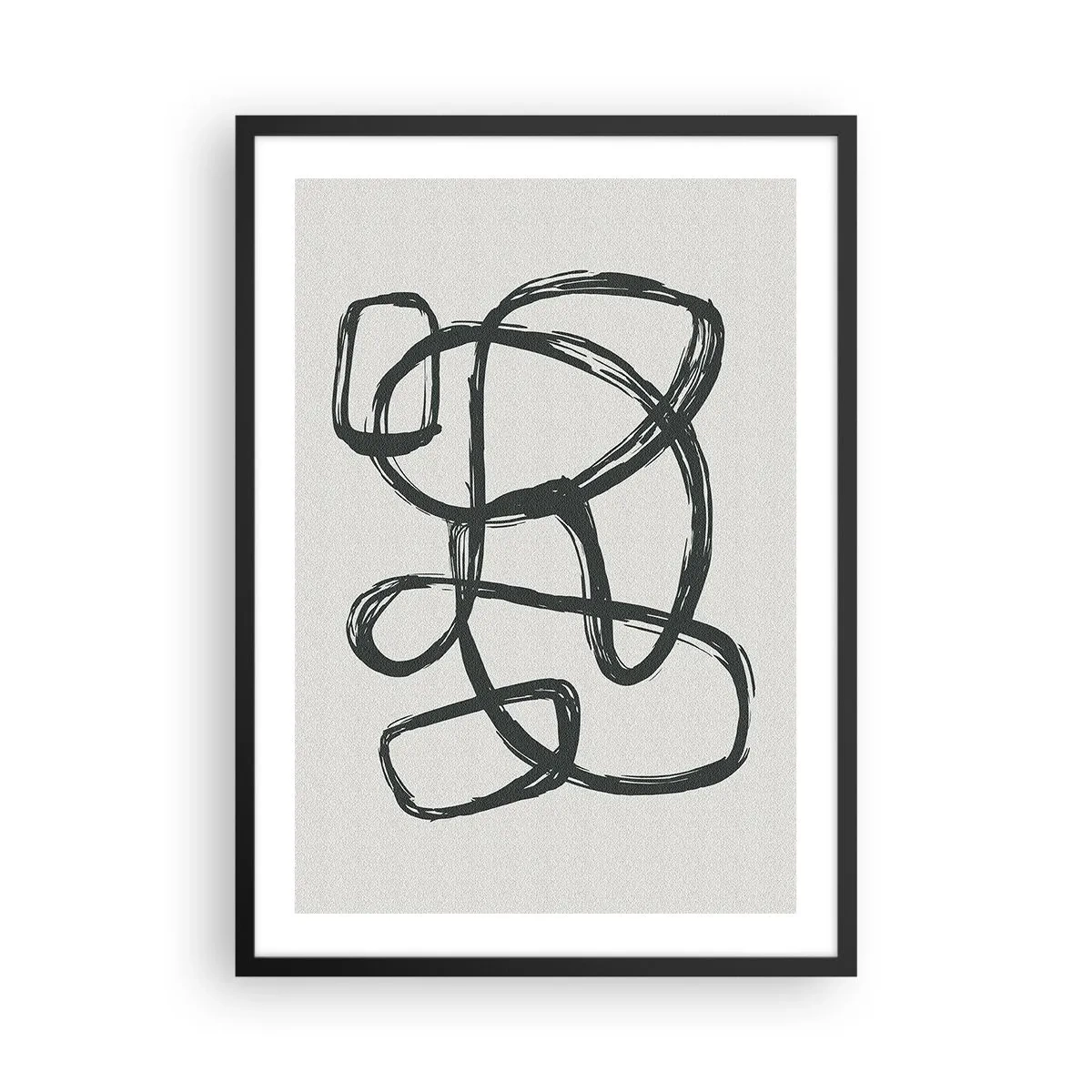 Affisch i svart ram - Abstrakt svart linje på en ljus bakgrund - 50x70cm - Loopad abstraktion - Modern väggdekoration för vardagsrum och sovrum ARTTOR