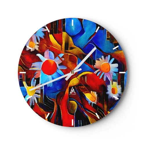 Väggklocka - Klocka på glas - Abstrakt komposition av blommor i intensiva färger - 30x30cm - Livets färger - Modern väggdekoration för vardagsrum, kök och sovrum ARTTOR