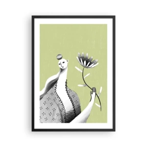Affisch i svart ram - Minimalistisk kvinna som håller en blomma på en grön bakgrund - 50x70cm - Modernistiskt porträtt - håller i en blomma - Modern väggdekoration för vardagsrum och sovrum ARTTOR