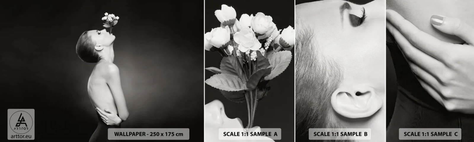 Provbit av självhäftande fototapet Deluxe Sticker - Excentrisk elegans - Kropp, Blommor, Modell - 100x30 cm