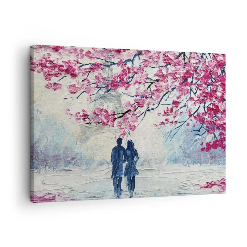 Canvastavla - Bild på duk - Ett par under blommande rosa träd i en romantisk miljö - 70x50cm - Romantisk promenad - Modern väggdekoration för vardagsrum och sovrum ARTTOR