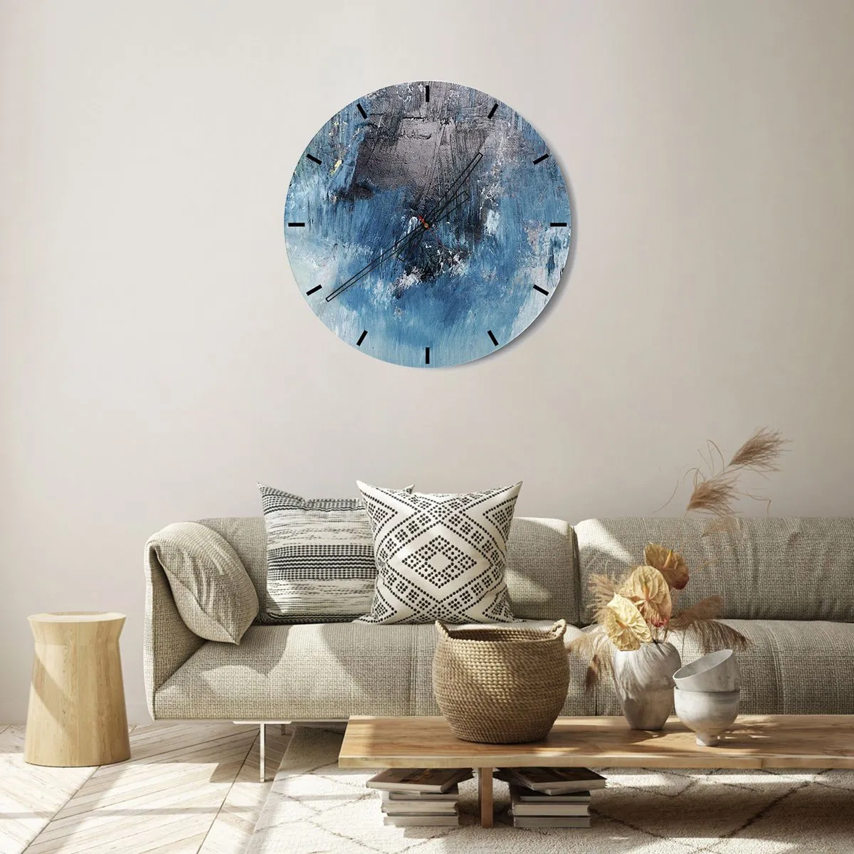 Väggklocka - Klocka på glas - Abstrakt textur i nyanser av blått - 30x30cm - Blå rapsodi - Modern väggdekoration för vardagsrum, kök och sovrum ARTTOR
