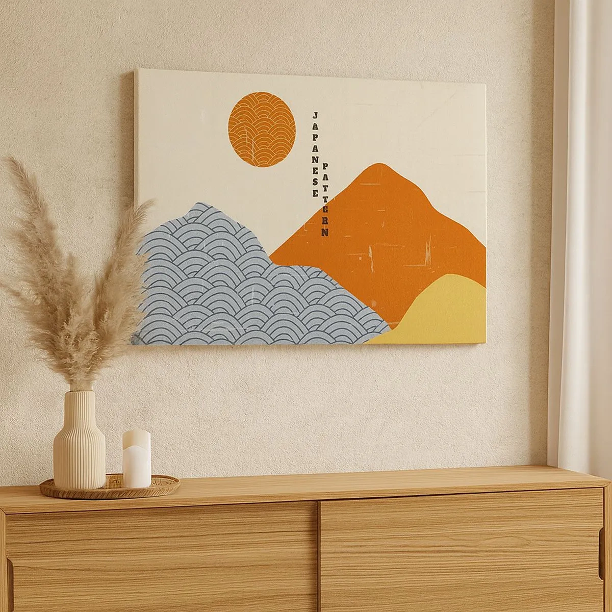 Canvastavla - Bild på duk - Japanska mönster med berg, sol och minimalistisk stil - 70x50cm - I den japanska andan - Modern väggdekoration för vardagsrum och sovrum ARTTOR