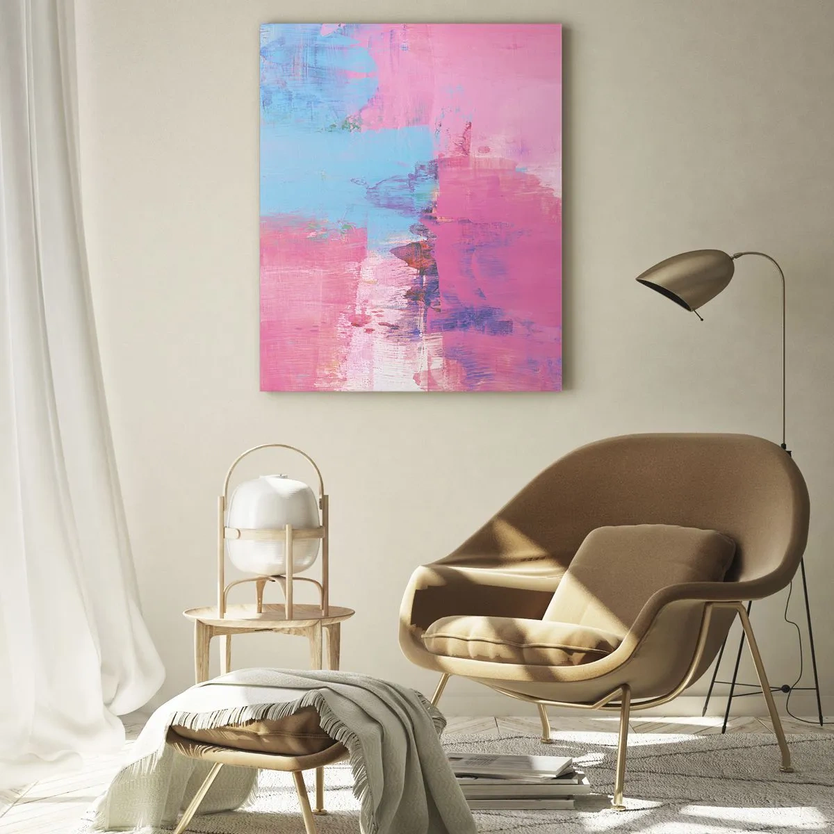 Glastavla - Bild på glas - Rosa, blått och en gnutta ljus - 50x70 cm