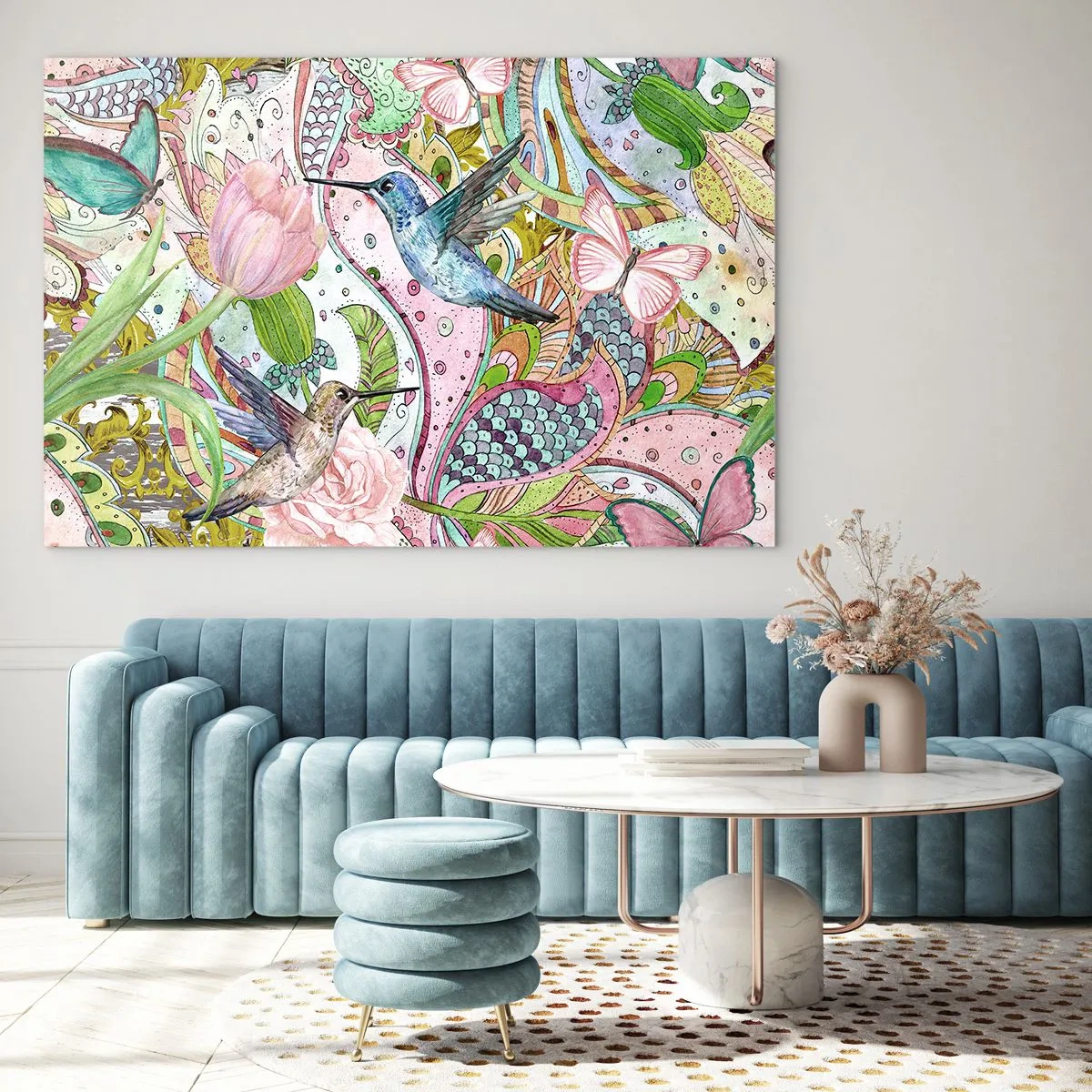 Glastavla - Bild på glas - Färgglada kolibrier bland blommor och fjärilar - 70x50cm - Inbäddade i klätterväxter - Modern väggdekoration för vardagsrum och sovrum ARTTOR