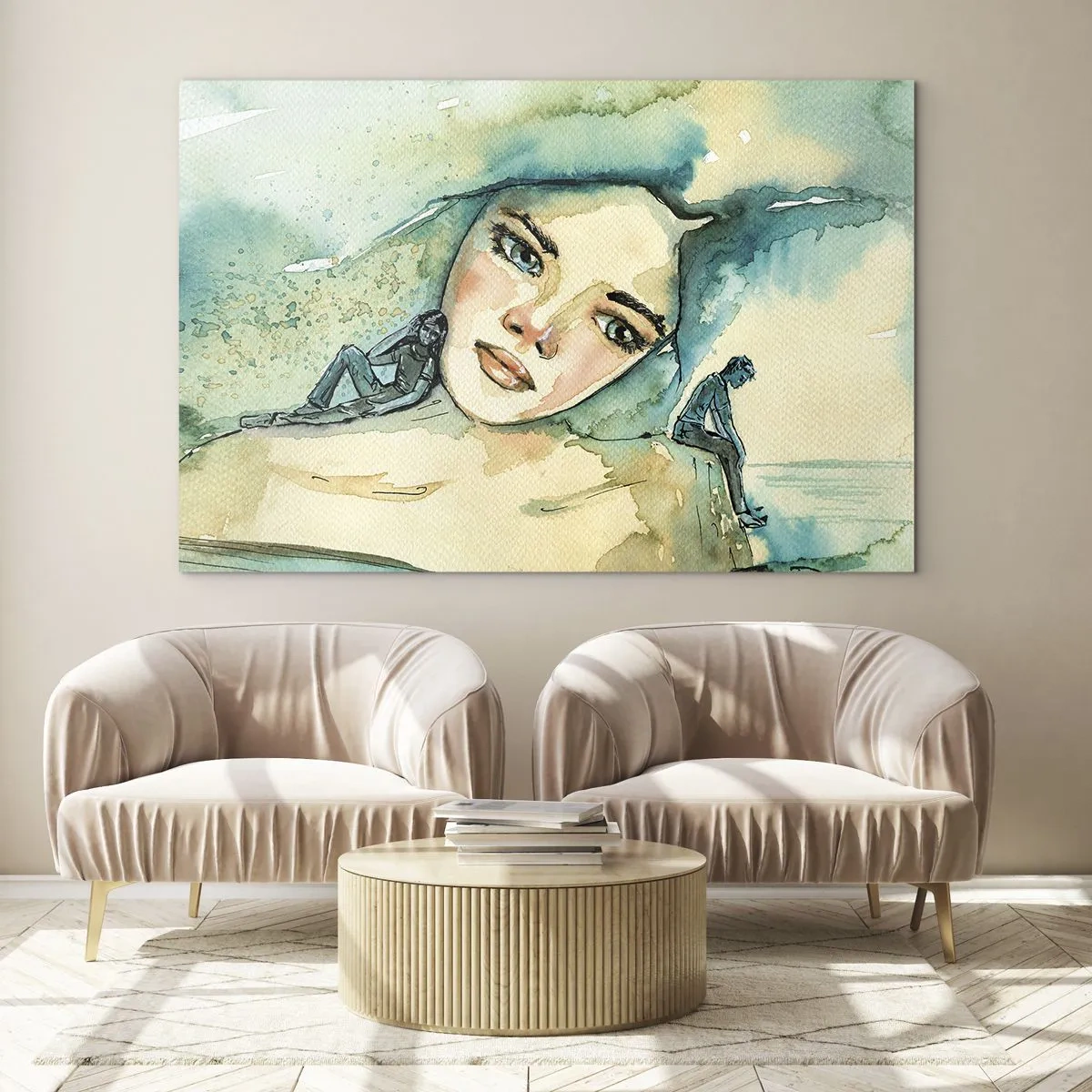 Glastavla - Bild på glas - Porträtt av en kvinna i akvarellstil med silhuetter av figurer - 70x50cm - Am I blue? - Modern väggdekoration för vardagsrum och sovrum ARTTOR