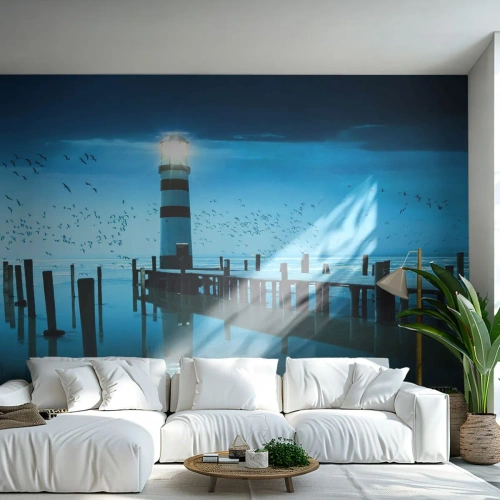 Fototapet Standard Eco - Och du är inte längre rädd för mörkret - Landskap, Fyr, Träbro - 250x175 cm