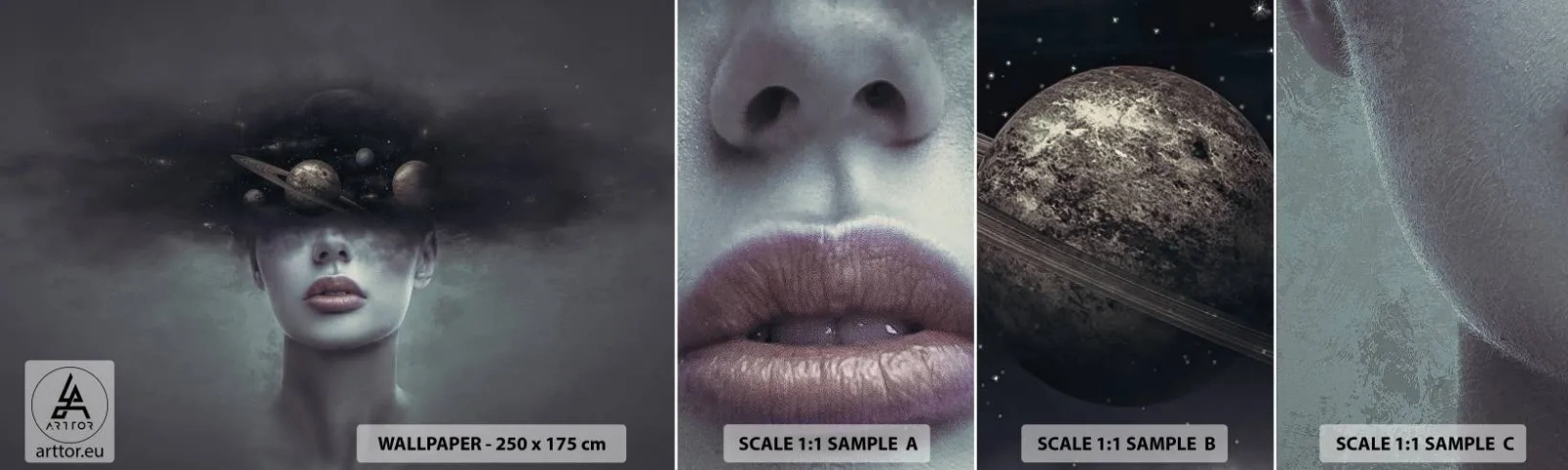 Provbit av självhäftande fototapet Deluxe Sticker - Och planeterna blir galna... - Abstraktion, Kvinnans ansikte, Kosmos - 100x30 cm