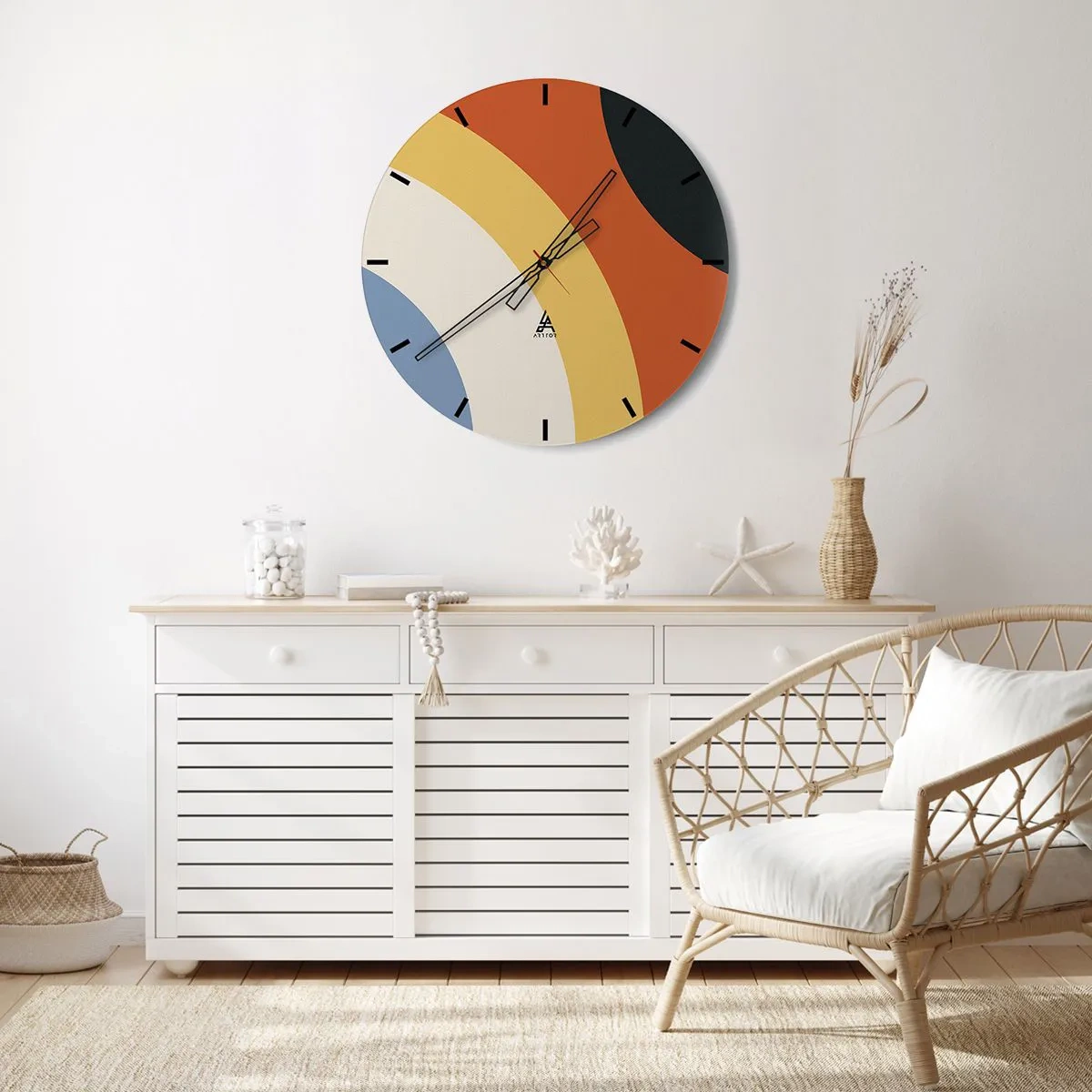 Väggklocka - Klocka på glas - Geometriska bågar i nyanser av orange, beige och blått - 30x30cm - Mot varandra - Modern väggdekoration för vardagsrum, kök och sovrum ARTTOR