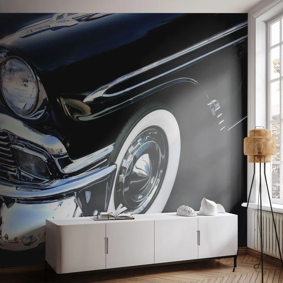 Självhäftande Fototapet Deluxe Sticker - Klassik i silver, svart och vit - Bil, Bil, vit och svart - 250x175 cm