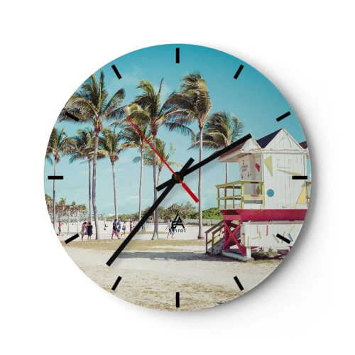 Väggklocka - Klocka på glas - Miami Beach med palmer och en färgglad badvaktsbyggnad - 30x30cm - En vacker dag framför dig - Modern väggdekoration för vardagsrum, kök och sovrum ARTTOR