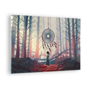 Glastavla - Bild på glas - En figur i skogen tittar på en stor drömfångare som svävar i luften. - 70x50cm - Hemlighetsfull ritual av lyckan - Modern väggdekoration för vardagsrum och sovrum ARTTOR