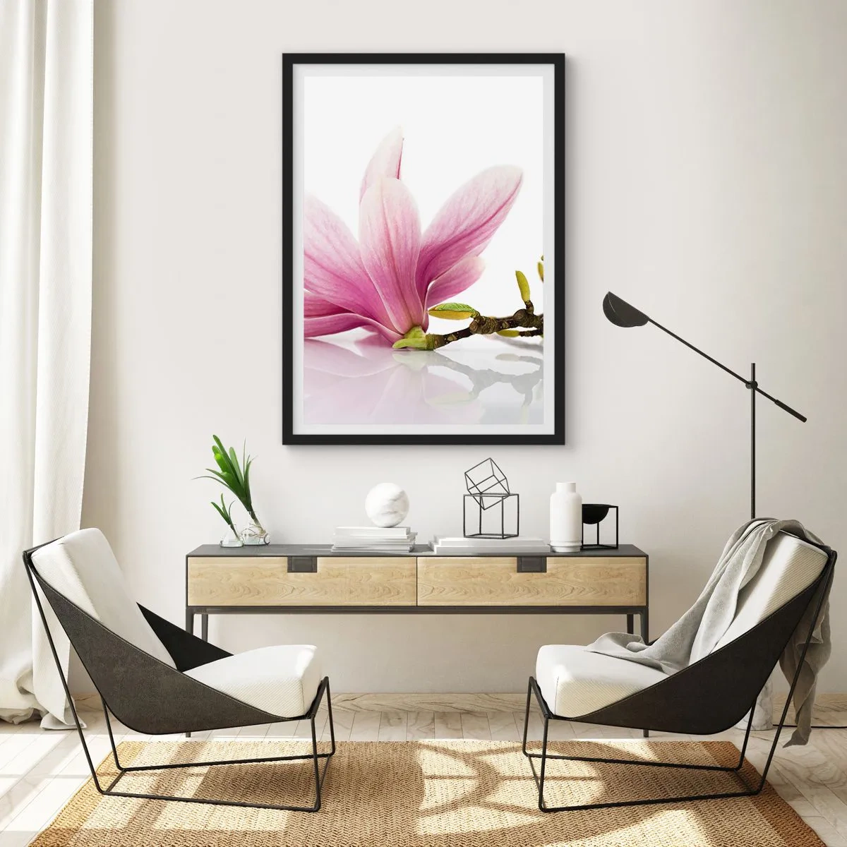 Affisch i svart ram - Rosa magnoliablomma på en gren med vit bakgrund - 50x70cm - Lätta som vårkänslan - Modern väggdekoration för vardagsrum och sovrum ARTTOR