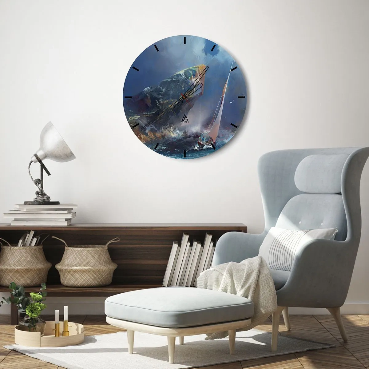 Väggklocka - Klocka på glas - En yacht i ett stormigt hav nära klippor i abstrakt stil. - 30x30cm - Modig vinner - Modern väggdekoration för vardagsrum, kök och sovrum ARTTOR