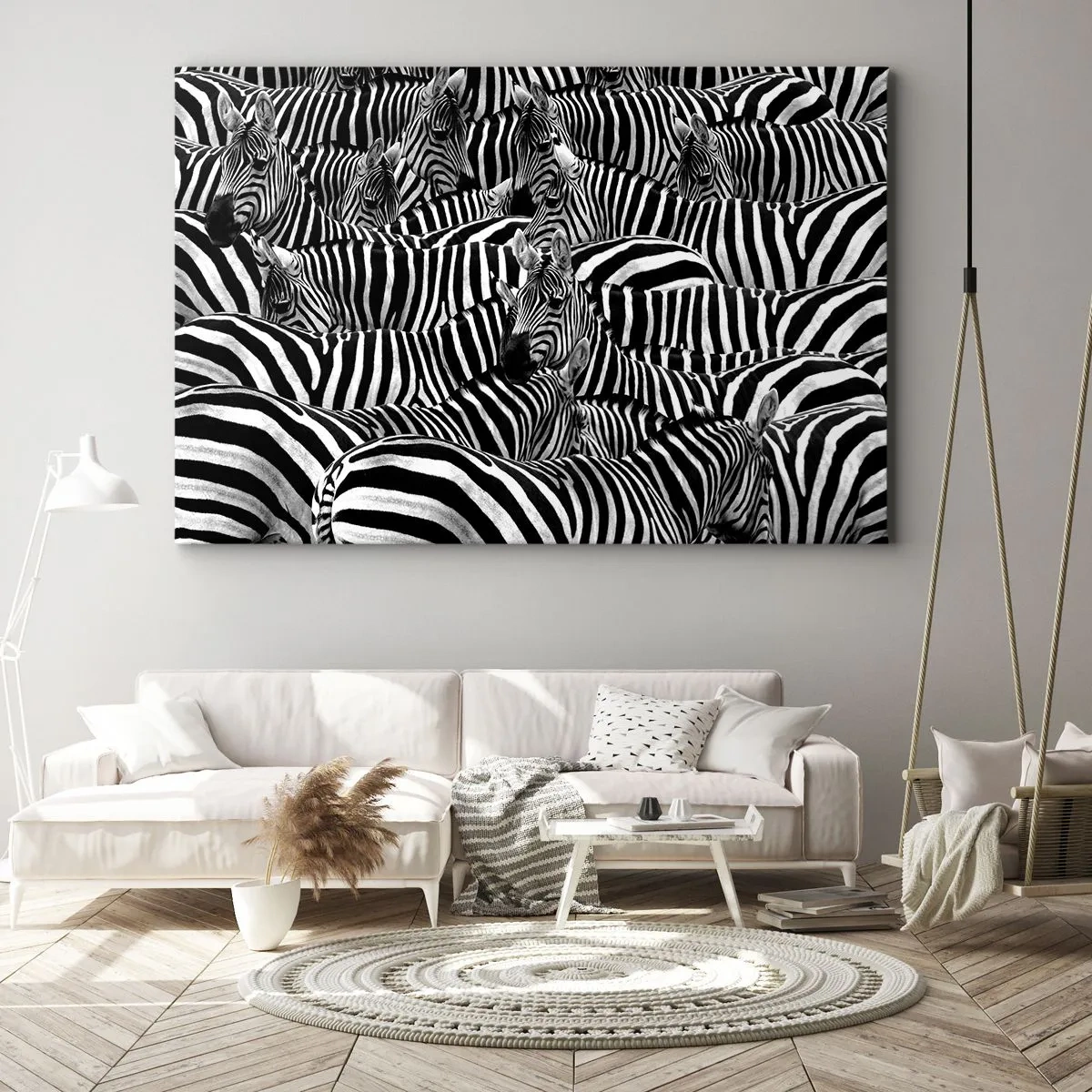 Canvastavla - Bild på duk - En grupp zebror med svarta och vita ränder som skapar ett symmetriskt mönster. - 70x50cm - Randig grupporträtt - Modern väggdekoration för vardagsrum och sovrum ARTTOR