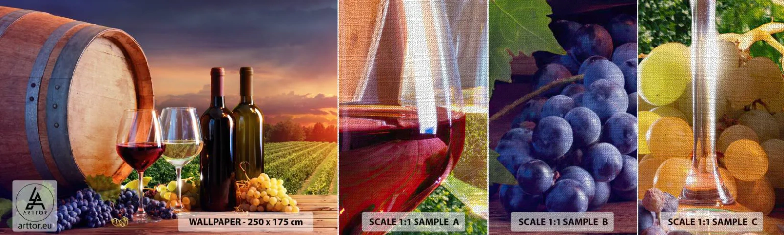 Provbit av fototapet Premium Canvas - Här smakar livet - Vingård, Vinfat, Druva - 100x30 cm