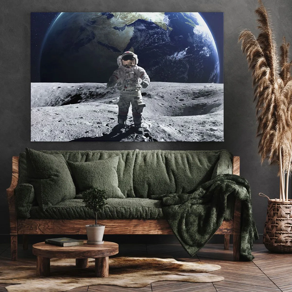 Canvastavla - Bild på duk - Astronaut på månens yta med jorden i bakgrunden - 70x50cm - Hälsningar från månen - Modern väggdekoration för vardagsrum och sovrum ARTTOR