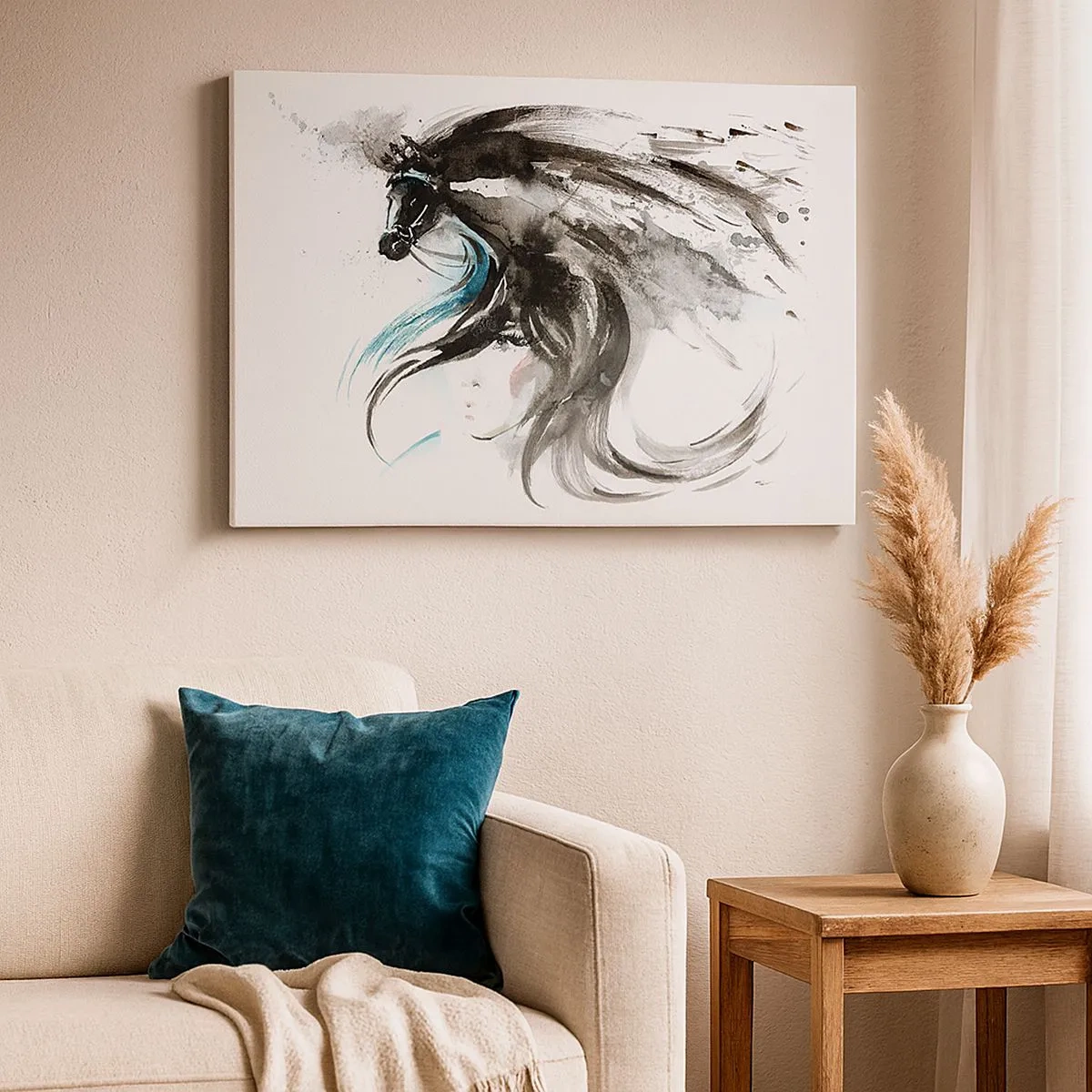Canvastavla - Bild på duk - En kvinna och en häst i en mystisk akvarell full av dynamik - 70x50cm - Svarta prinsens galopp - Modern väggdekoration för vardagsrum och sovrum ARTTOR