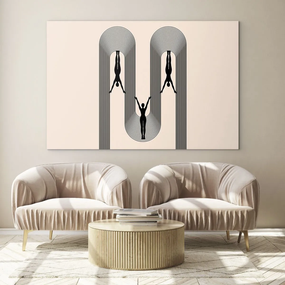 Glastavla - Bild på glas - Svarta silhuetter av figurer upphängda i rytmiska bågar - 70x50cm - Upp och ner - Modern väggdekoration för vardagsrum och sovrum ARTTOR