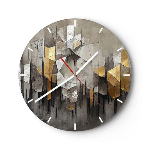 Väggklocka - Klocka på glas - Geometrisk struktur med nyanser av grått och guld - 30x30cm - Komposition av is och ljus - Modern väggdekoration för vardagsrum, kök och sovrum ARTTOR