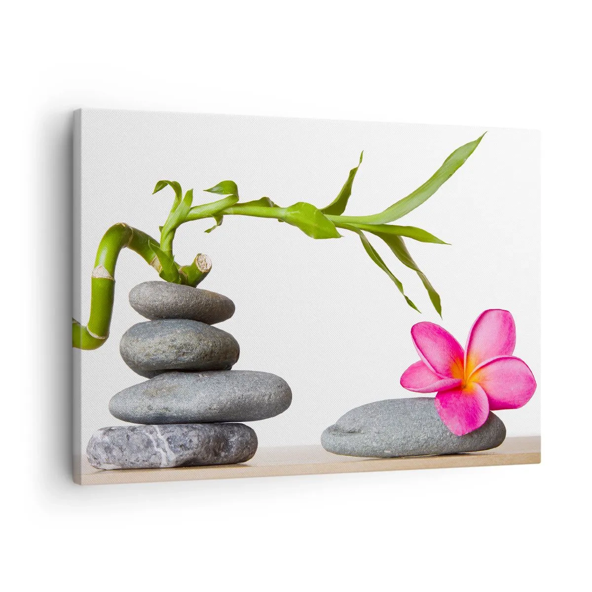 Canvastavla - Bild på duk - Bambu och rosa blomma på zen-stil stenar - 70x50cm - Livets färger och varaktighet - Modern väggdekoration för vardagsrum och sovrum ARTTOR