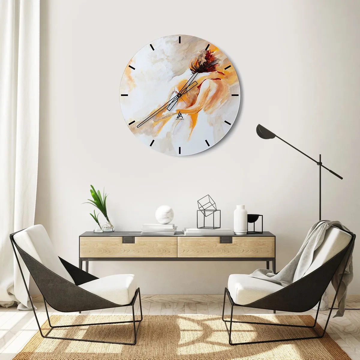 Väggklocka - Klocka på glas - En konstnärlig skildring av ett sammansvetsat par i varma färger. - 30x30cm - I närhetens himmel - Modern väggdekoration för vardagsrum, kök och sovrum ARTTOR