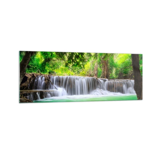 Glastavla - Bild på glas - Kaskad i det gröna - 140x50 cm