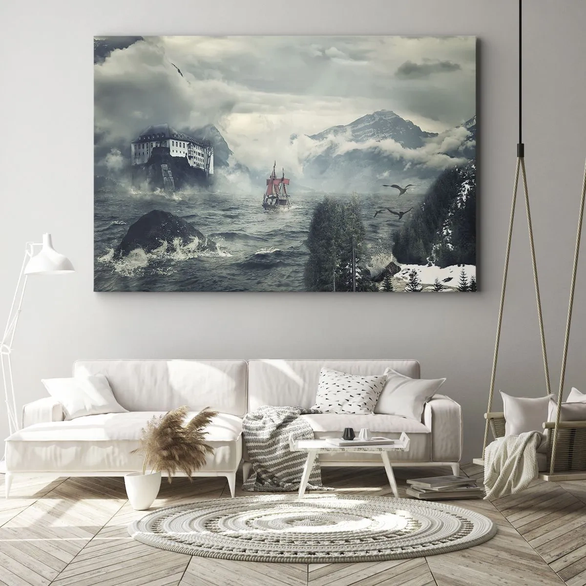 Canvastavla - Bild på duk - Ett mystiskt landskap med ett slott, berg och ett skepp - 70x50cm - På magiska vatten - Modern väggdekoration för vardagsrum och sovrum ARTTOR