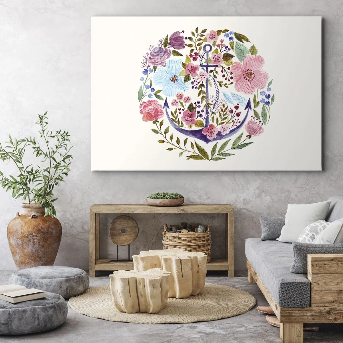 Canvastavla - Bild på duk - Ett ankare omgivet av akvarellblommor mot en ljus bakgrund - 70x50cm - En seglares goda sömn - Modern väggdekoration för vardagsrum och sovrum ARTTOR