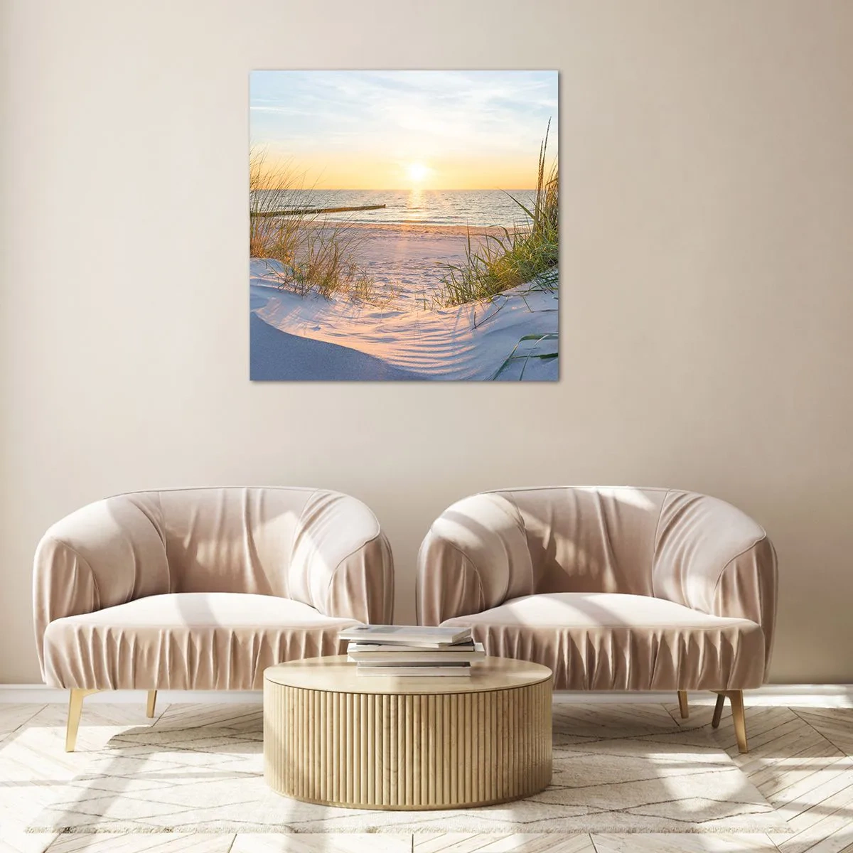 Glastavla - Bild på glas - Havets brus, fågelsång, tom strand bland träden - 40x40 cm