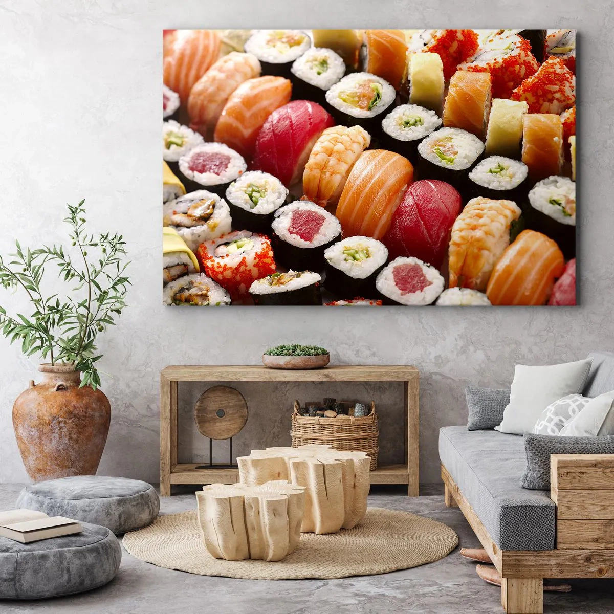 Canvastavla - Bild på duk - Färgglad sushi arrangerad i rader med olika pålägg - 70x50cm - Asiens färger och smaker - Modern väggdekoration för vardagsrum och sovrum ARTTOR