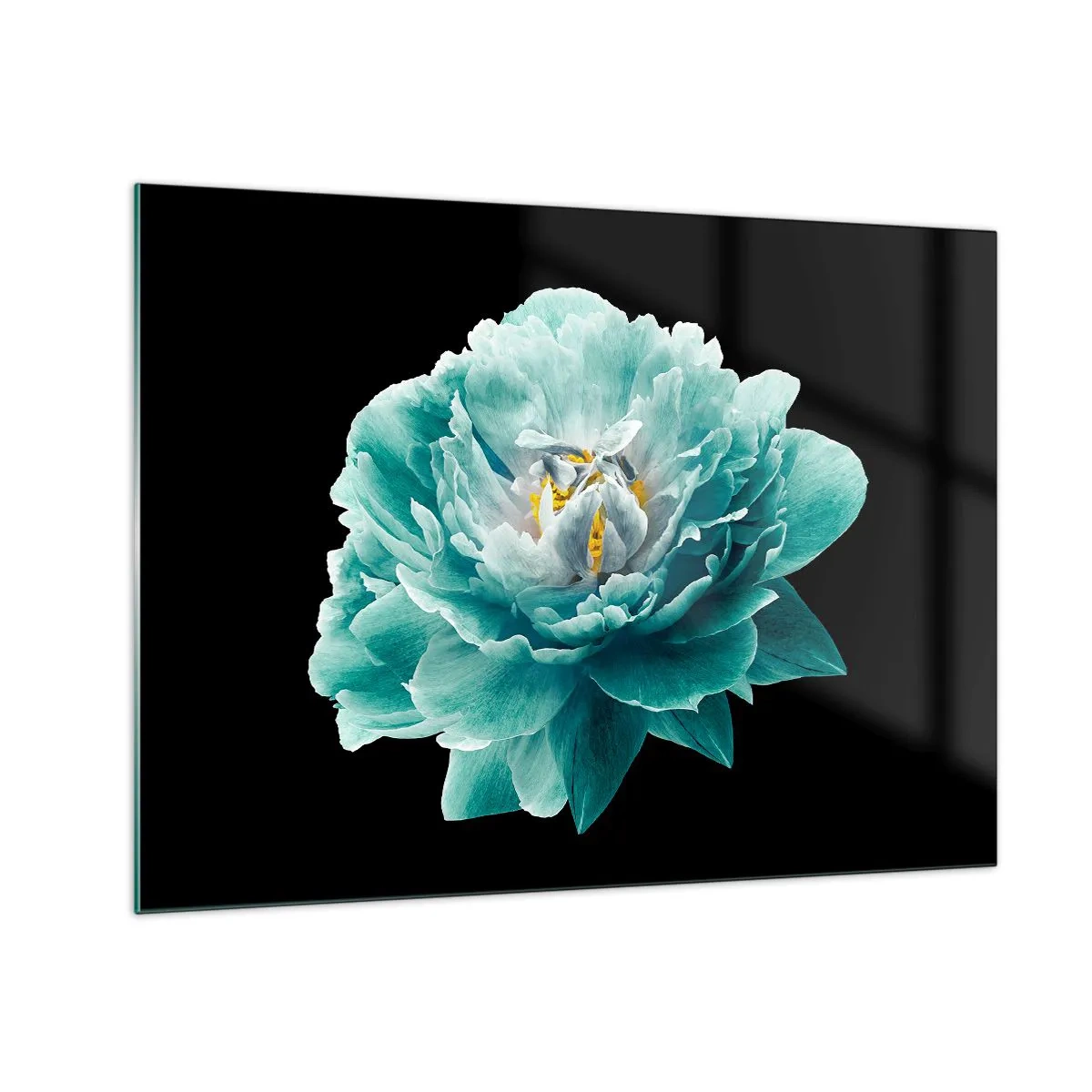 Glastavla - Bild på glas - Blå och gyllene kronblad - 70x50 cm