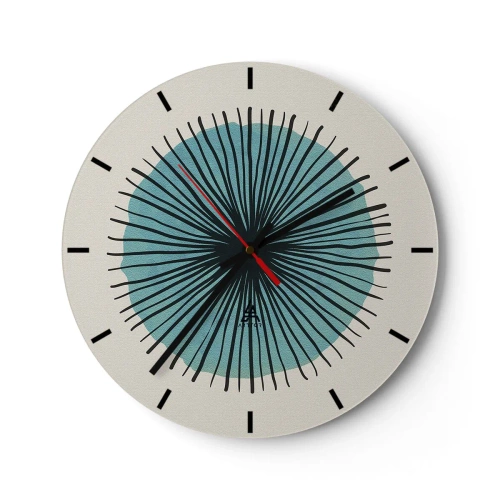Väggklocka - Klocka på glas - Abstrakt motiv med en blå cirkel och svarta linjer - 30x30cm - Radier mot blått - Modern väggdekoration för vardagsrum, kök och sovrum ARTTOR