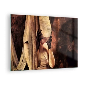 Glastavla - Bild på glas - En mystisk kvinna omgiven av gyllene tyger - 70x50cm - Mellan det goda och det onda - Modern väggdekoration för vardagsrum och sovrum ARTTOR