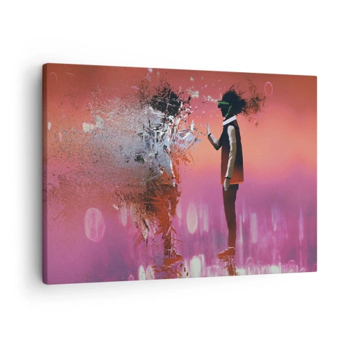 Canvastavla - Bild på duk - En abstrakt scen med en futuristisk figur och spridda element. - 70x50cm - Kan man titta in i sig själv? - Modern väggdekoration för vardagsrum och sovrum ARTTOR