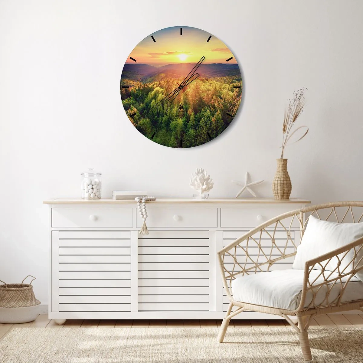Väggklocka - Klocka på glas - Trädtoppar och bergstoppar - 40x40 cm
