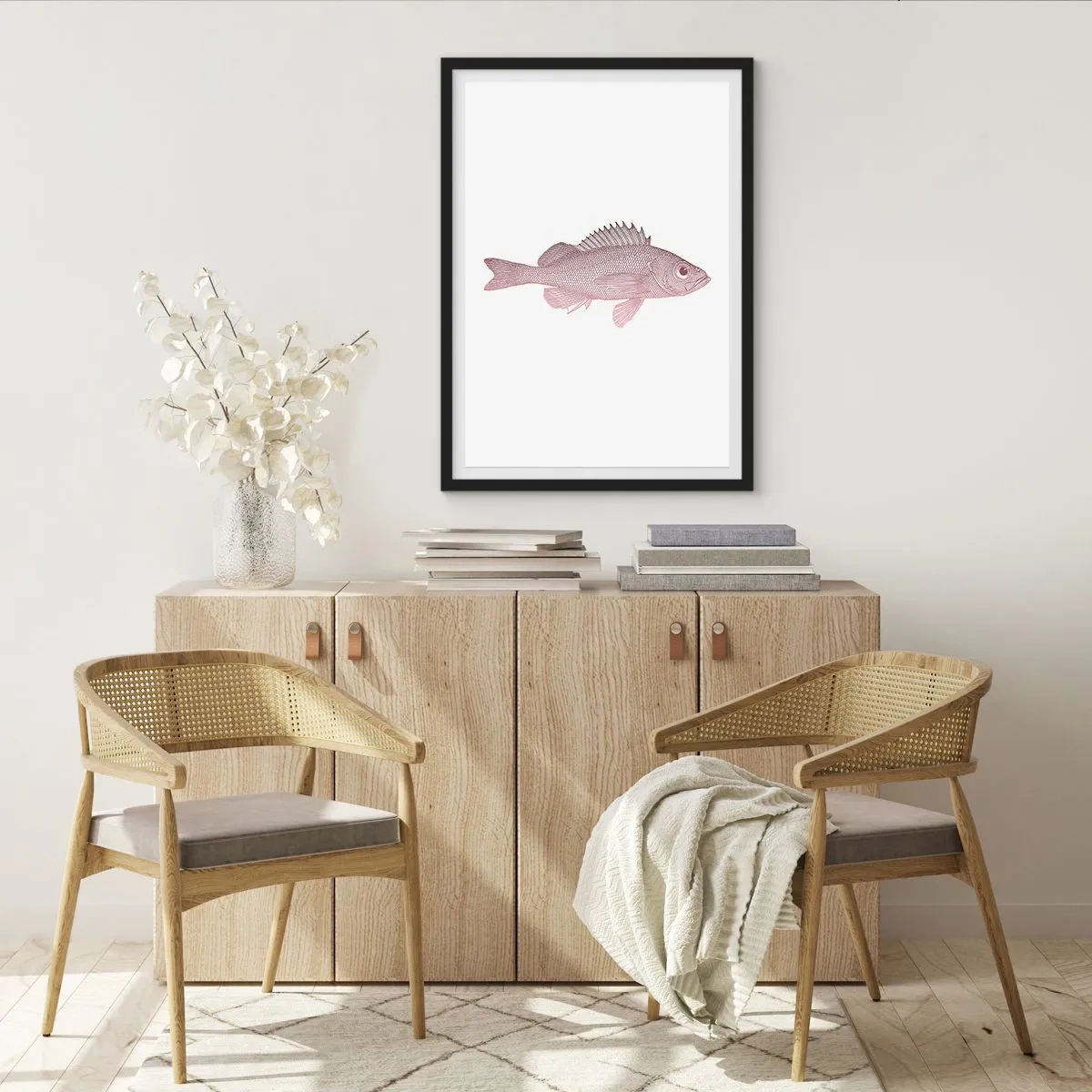 Affisch i svart ram - Fiskgrafik på vit bakgrund i minimalistisk stil - 50x70cm - Storögd fisk - Modern väggdekoration för vardagsrum och sovrum ARTTOR