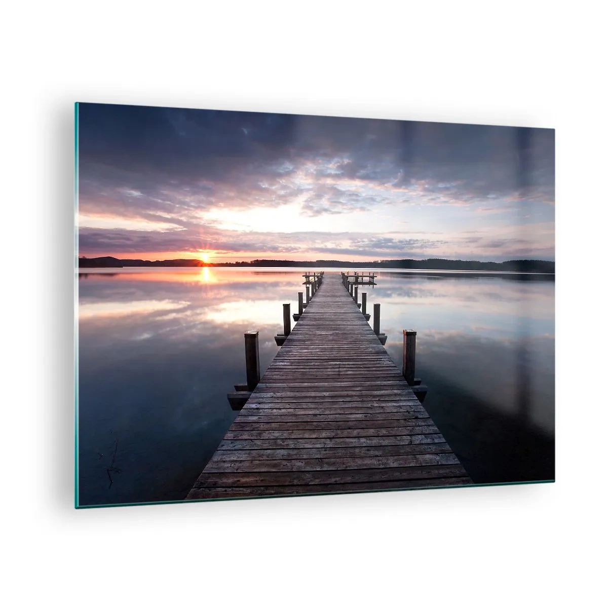 Glastavla - Bild på glas - Träbrygga på sjön vid solnedgången - 70x50cm - Den tysta gränsen mellan dag och natt - Modern väggdekoration för vardagsrum och sovrum ARTTOR