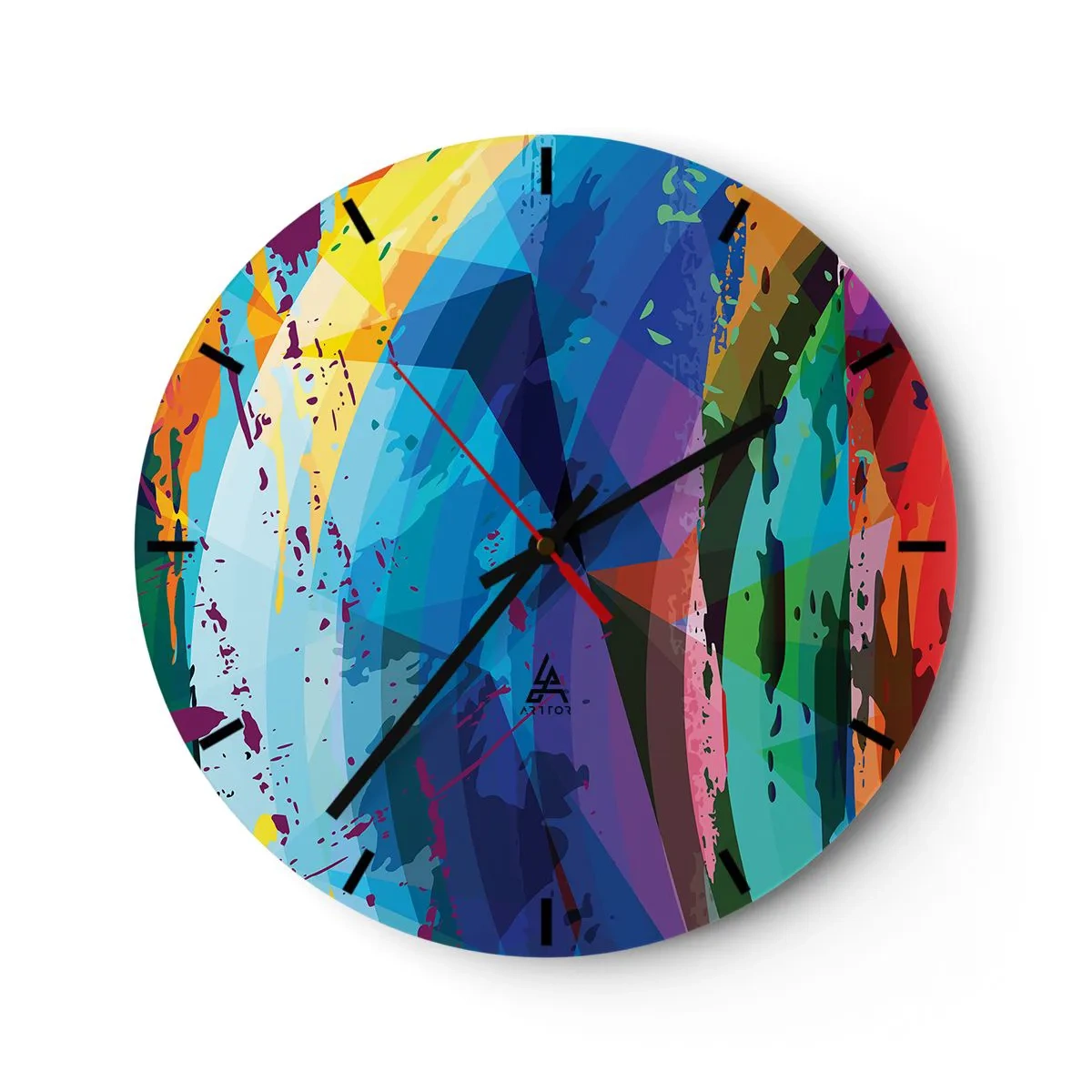 Väggklocka - Klocka på glas - Abstrakta färgglada mönster i intensiva färger - 30x30cm - Färgglad yrsel - Modern väggdekoration för vardagsrum, kök och sovrum ARTTOR