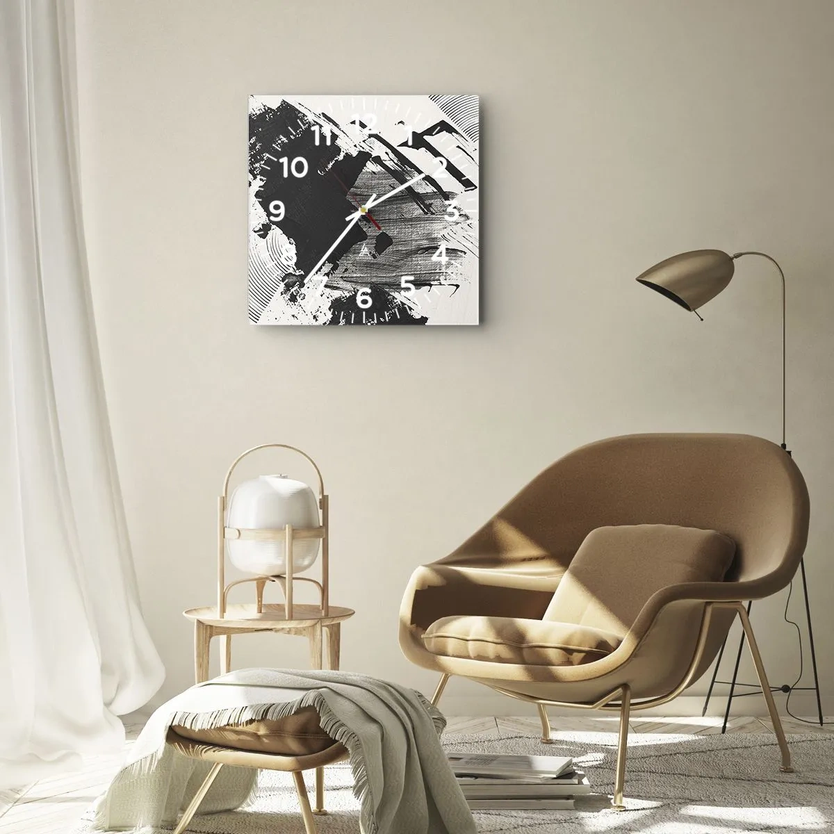 Väggklocka - Klocka på glas - Abstraktion - uttrycket av svart - 30x30 cm